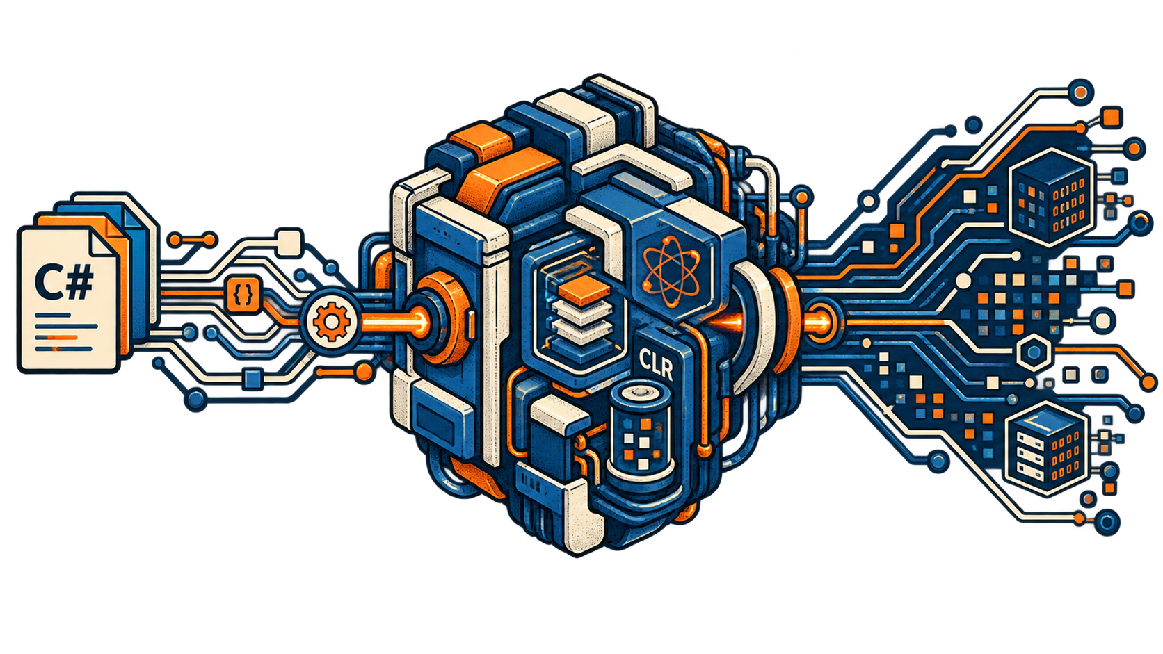 An editorial illustration of C# source flowing through a blue and orange CLR compiler core into dense machine circuitry.